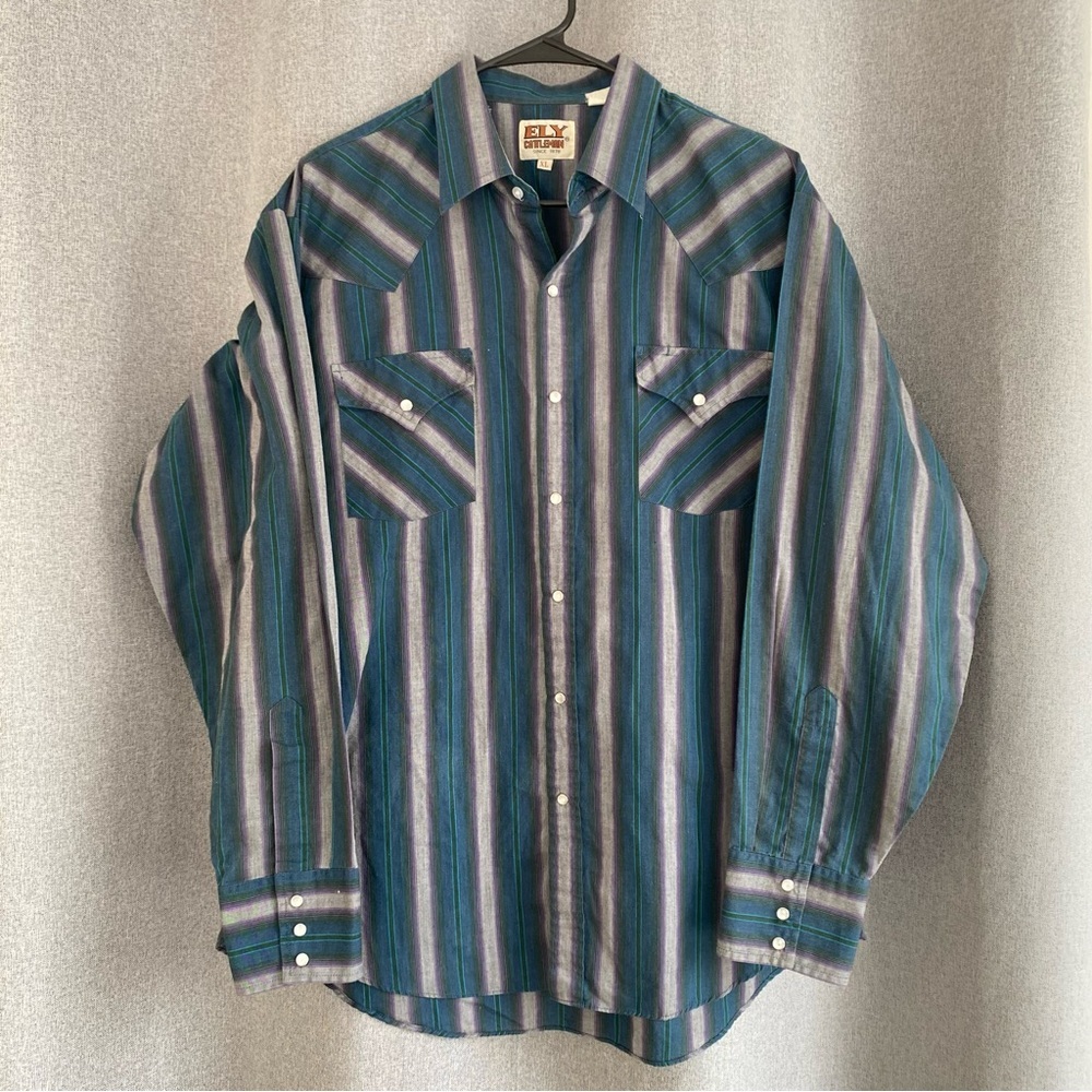 Ely Cattleman Men's Teal and Gray Striped Shirt XL